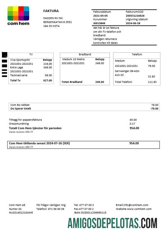 realista Modelo de conta de serviços públicos da Suécia Com Hem em formatos Word e PDF